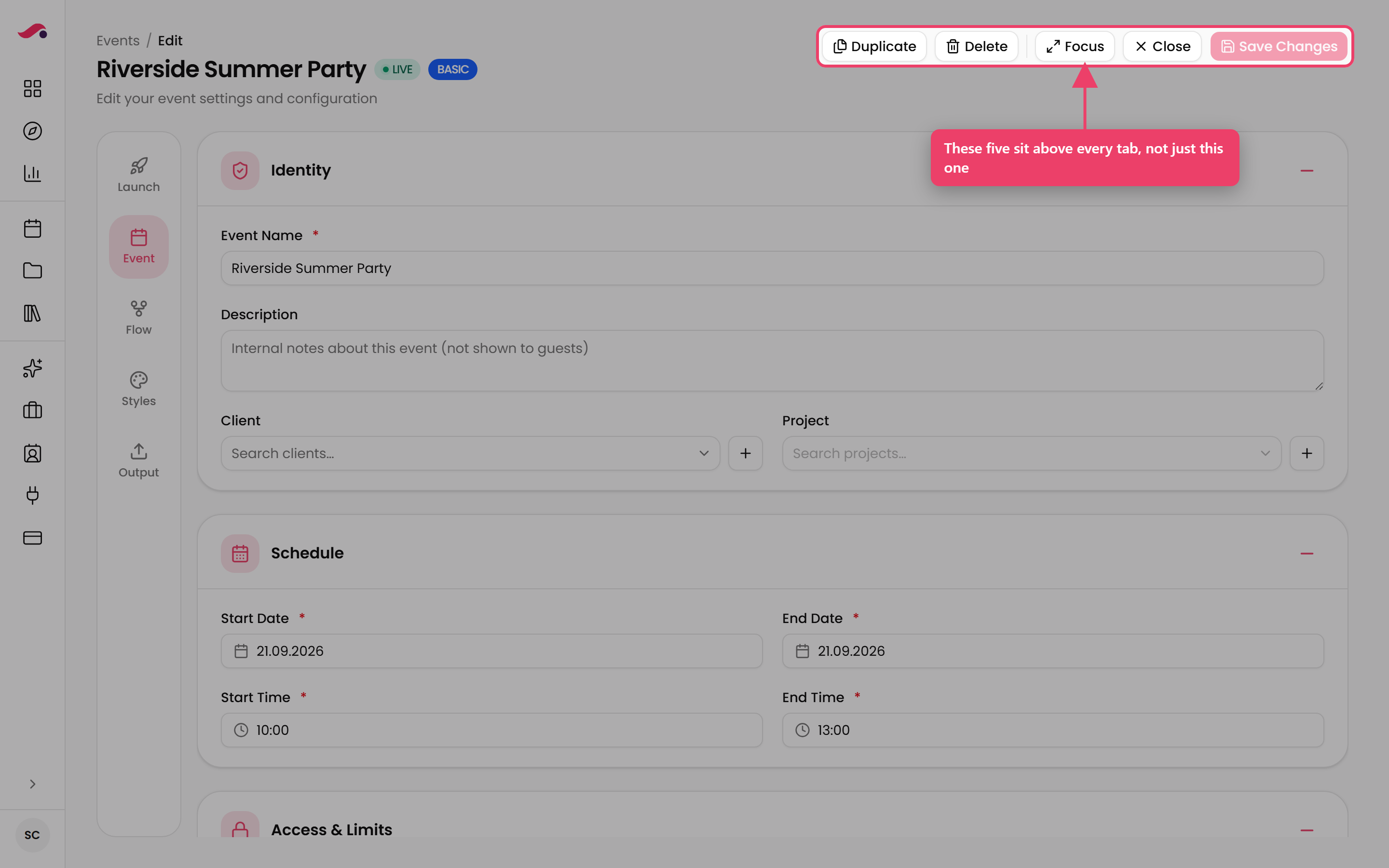 The header actions are available from any tab.
