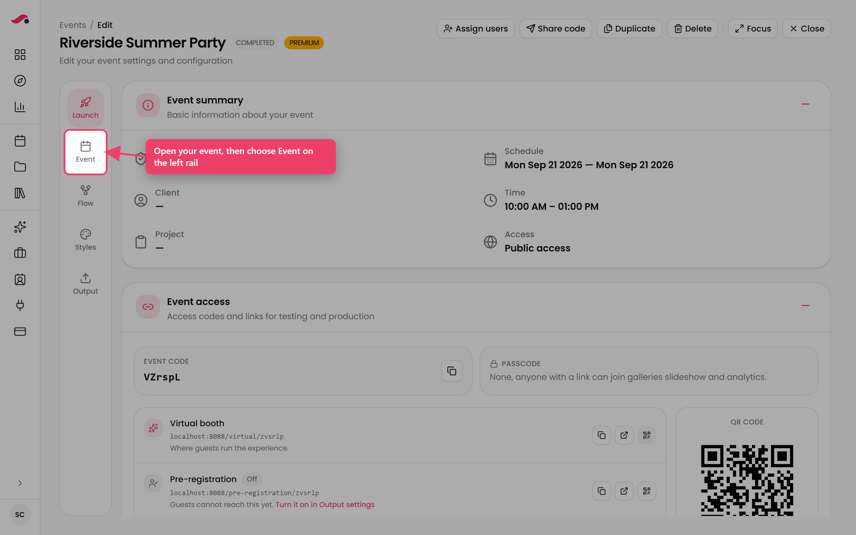 Open your event, then choose Event on the left rail.